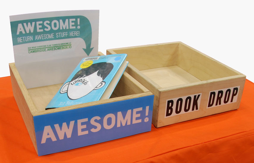 An Awesome Box positioned next to a regular library drop box