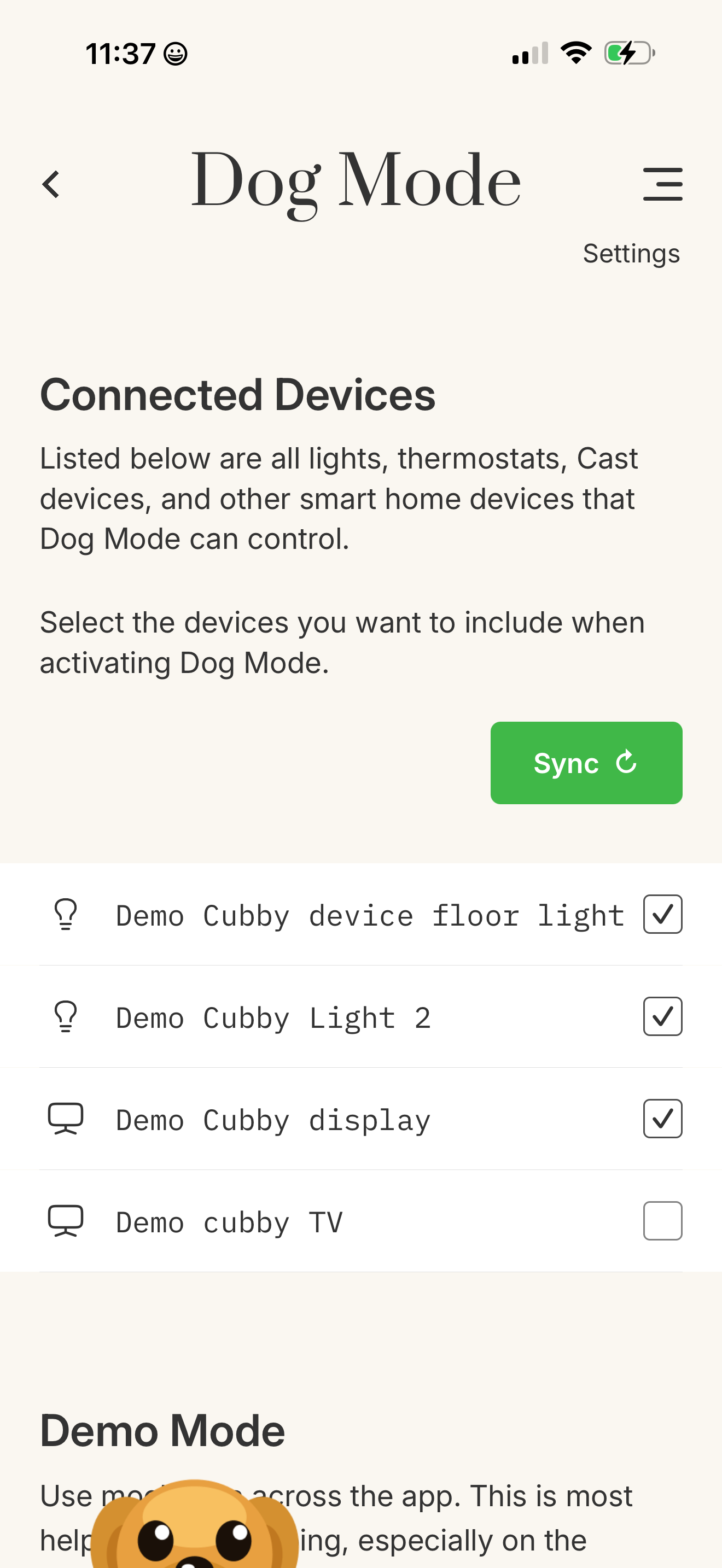 Dog Mode app screen