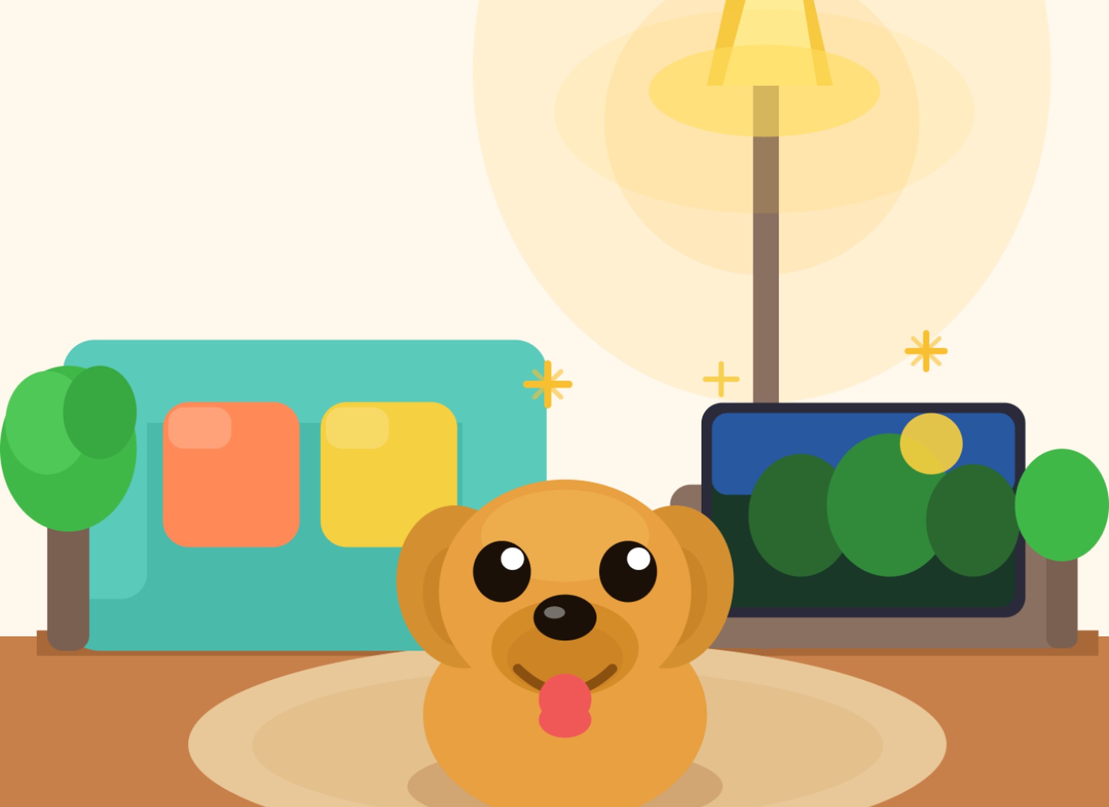 Dog Mode — illustrated cozy room scene with a happy dog under a glowing lamp
