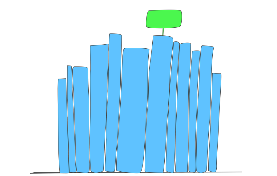 A Hovermark on a library shelf, facing the spine of a book