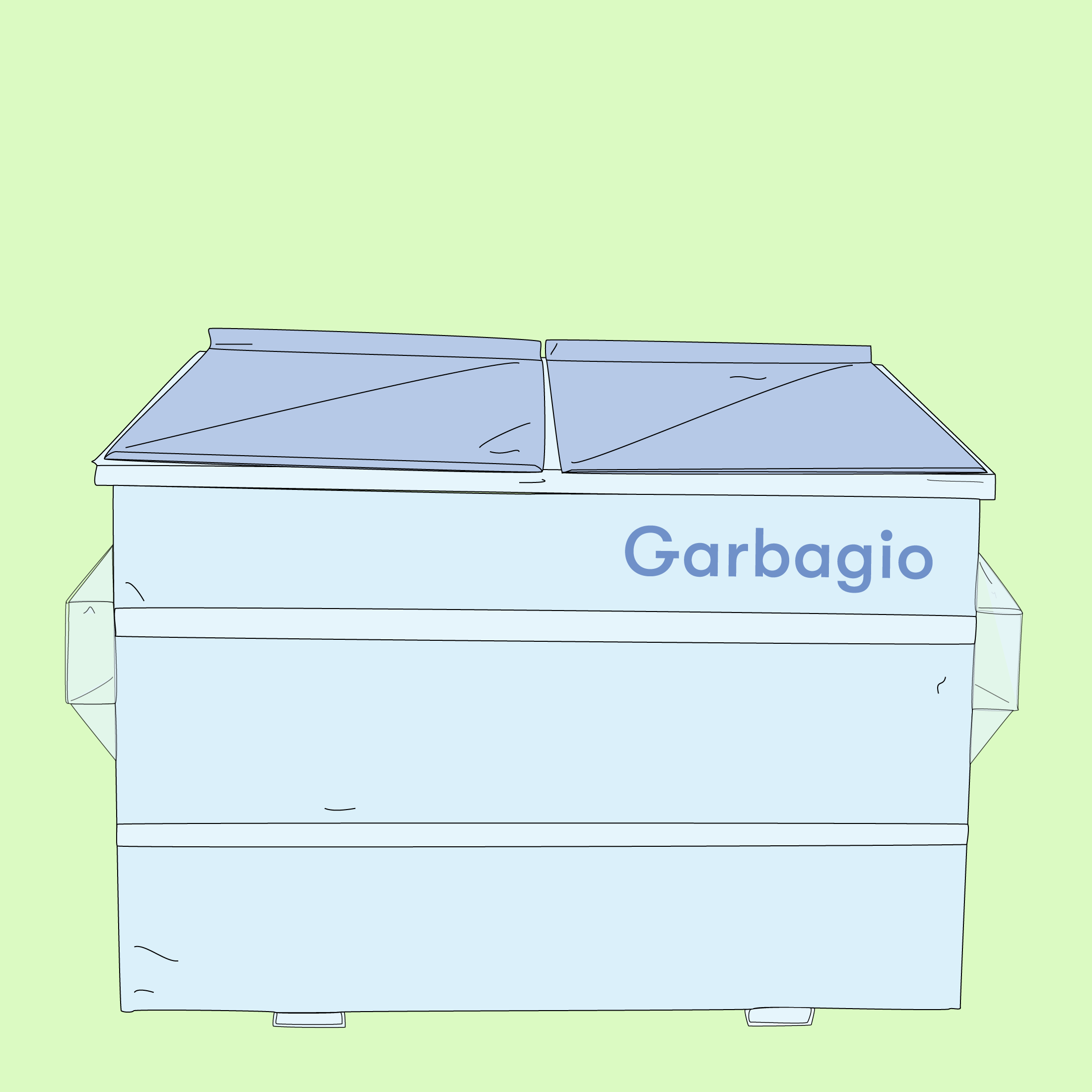 A garbage dumpster with the word 'Garbagio' on it