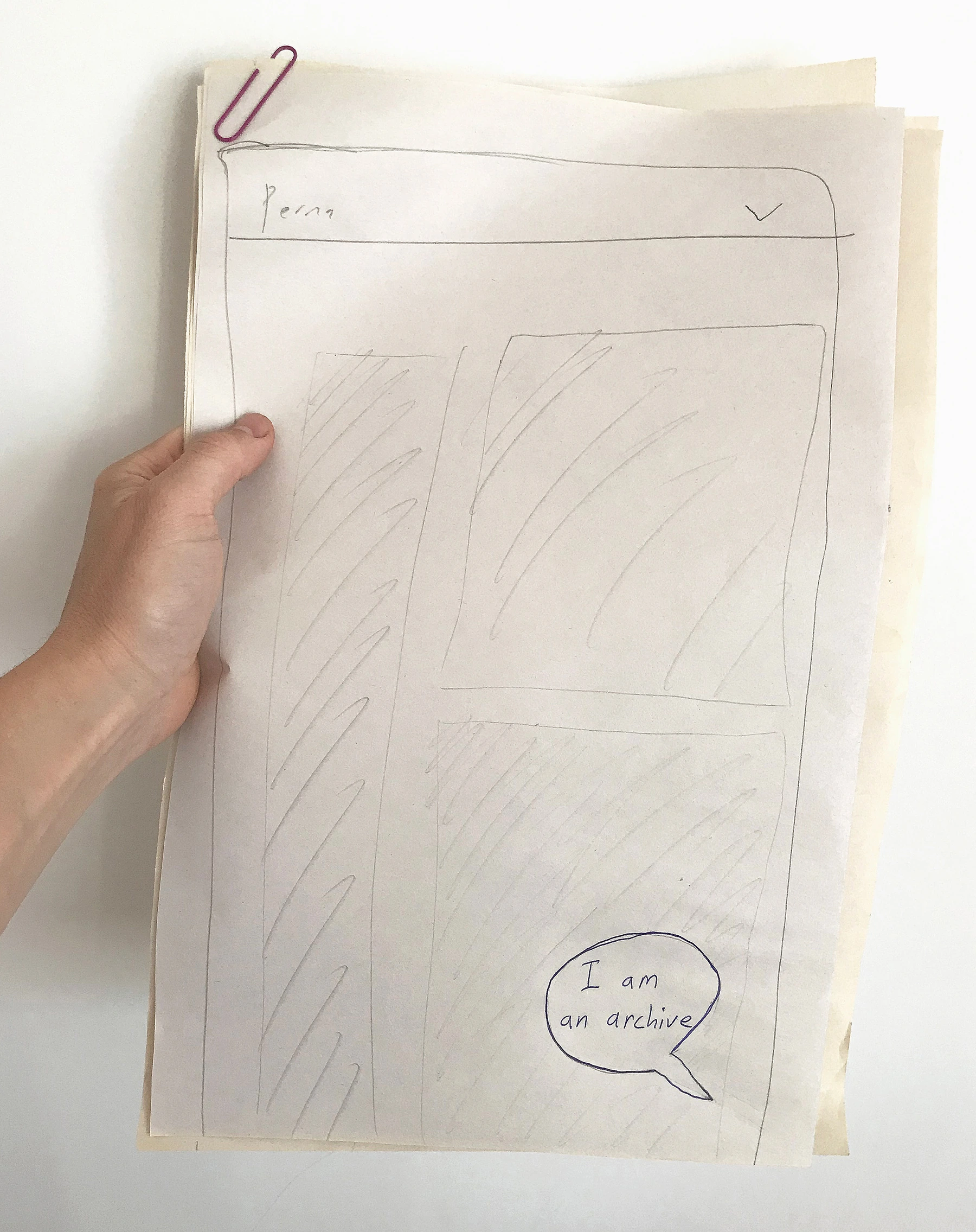 Pencil wireframes showing a persistent chat-bot interface over the archive replay