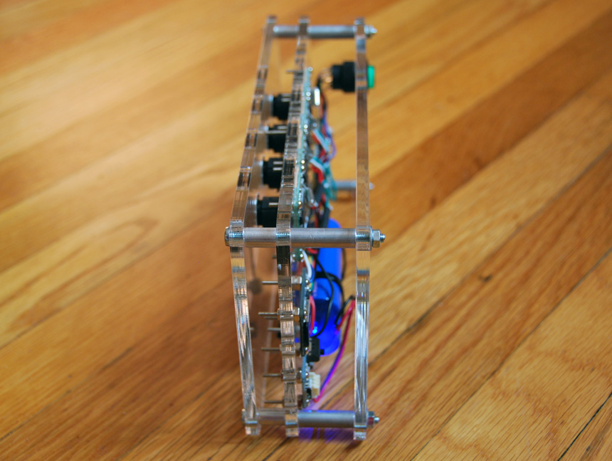 Side view of the acrylic and electronics sandwich.